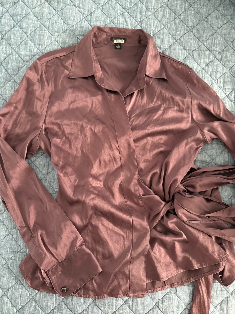 Ann Taylor Satin Wrap Blouse in Deep Plum